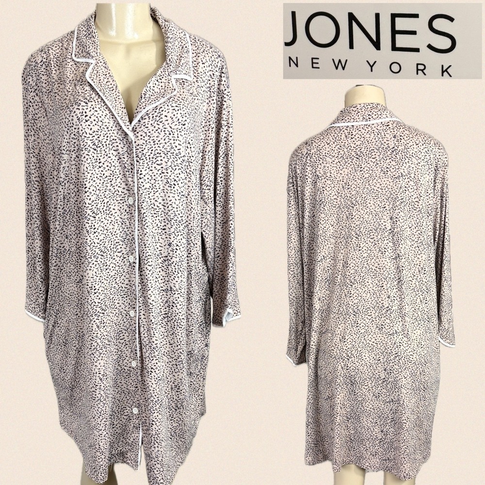 Jones New York Womens L Oatmeal Print Button Front Sleep Shirt Nightgown NWT